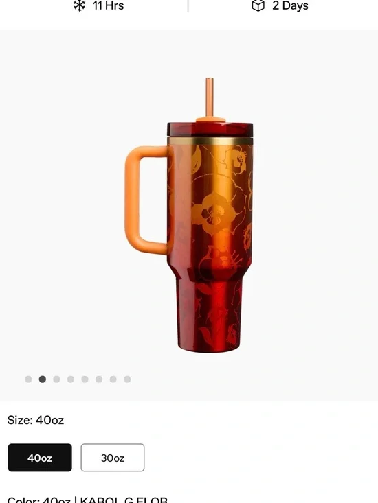 Karol G Stanley 40oz Tumbler in Red & Orange Gradient with Floral Accent - Picture 2 of 5